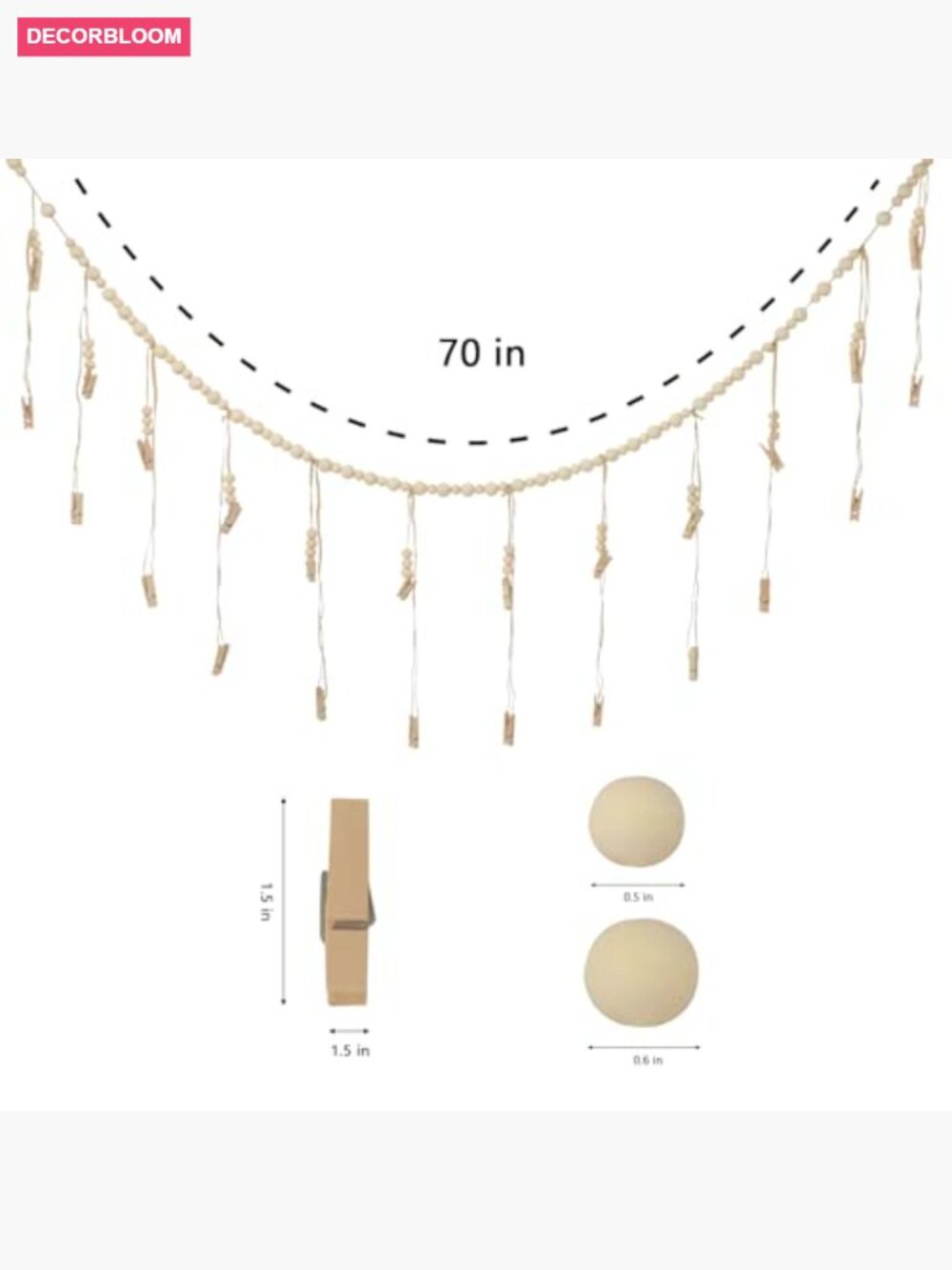 Boho Hanging Photo Display with Clips and String 55 inch - Picture 3 of 6